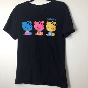 Women Tshirt Hello Kitty Short Sleeve Tee Black with Blue, Pink, Yellow medium